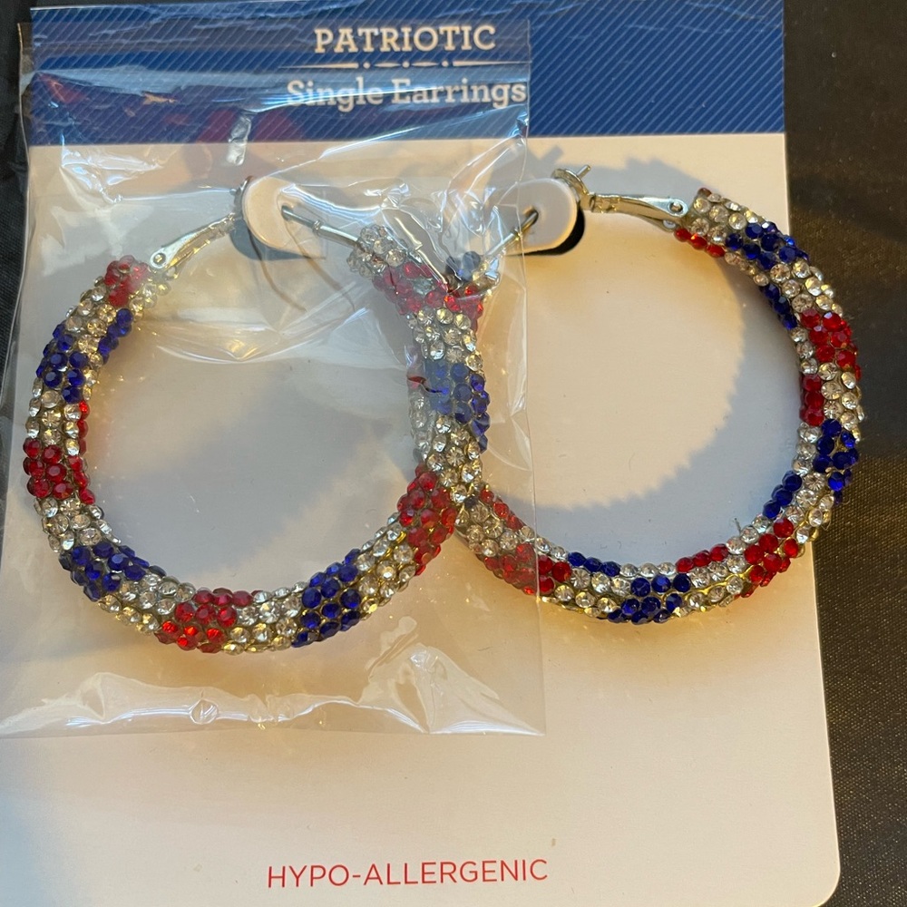 Patriotic Hoop Sparkling Earrings with Red, Blue, and Silver Beads